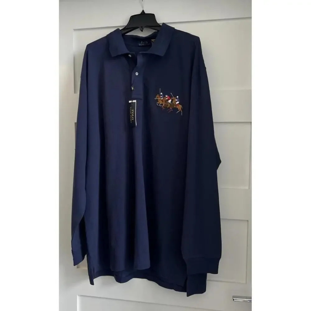 Polo Ralph Lauren Mens Big Triple Pony LONG SLEEVE Polo Navy #3 BIG&TALL 4XLT